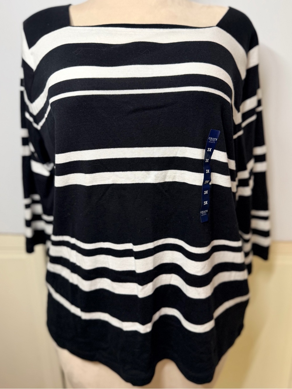 Chaps Classics 3X NWT Black White Striped 100% Cotton Boat Neck Top Normcore
